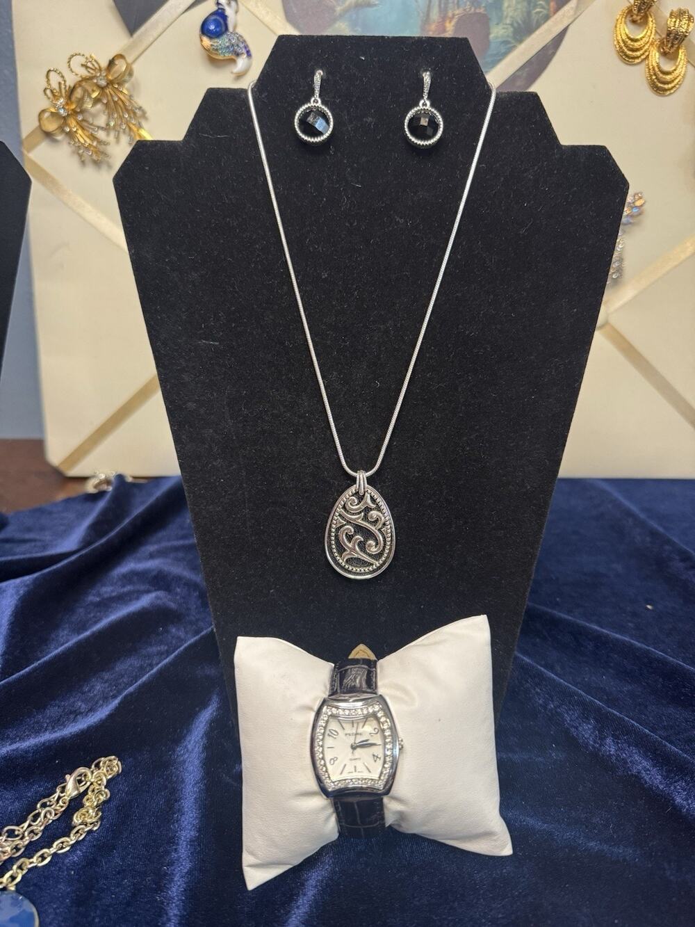 Vintage Napier Necklace Pedre Watch Black Crystal Earring Set